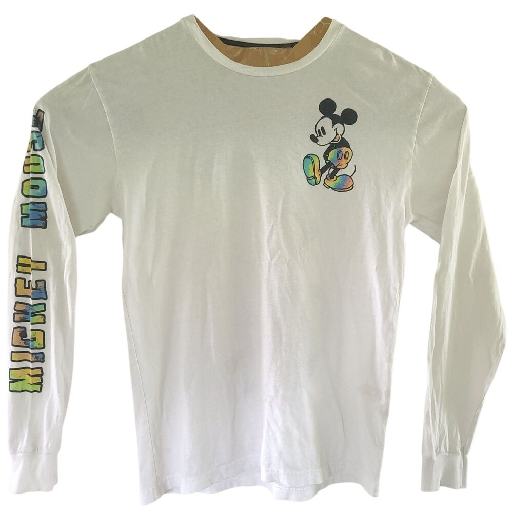 Disney Mickey Mouse Tie Dye 2 Sided T Shirt White Long Sleeve Tee Adult Sz MED